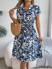 Printed V-Neck Short Sleeve Dress - Trendsi