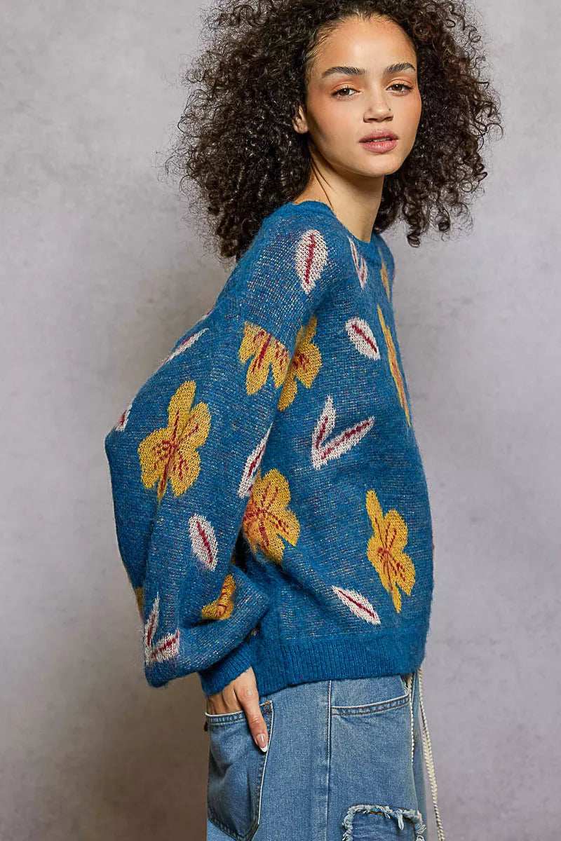 POL Floral Pattern Round Neck Balloon Sleeve Sweater - Trendsi - Flyclothing LLC