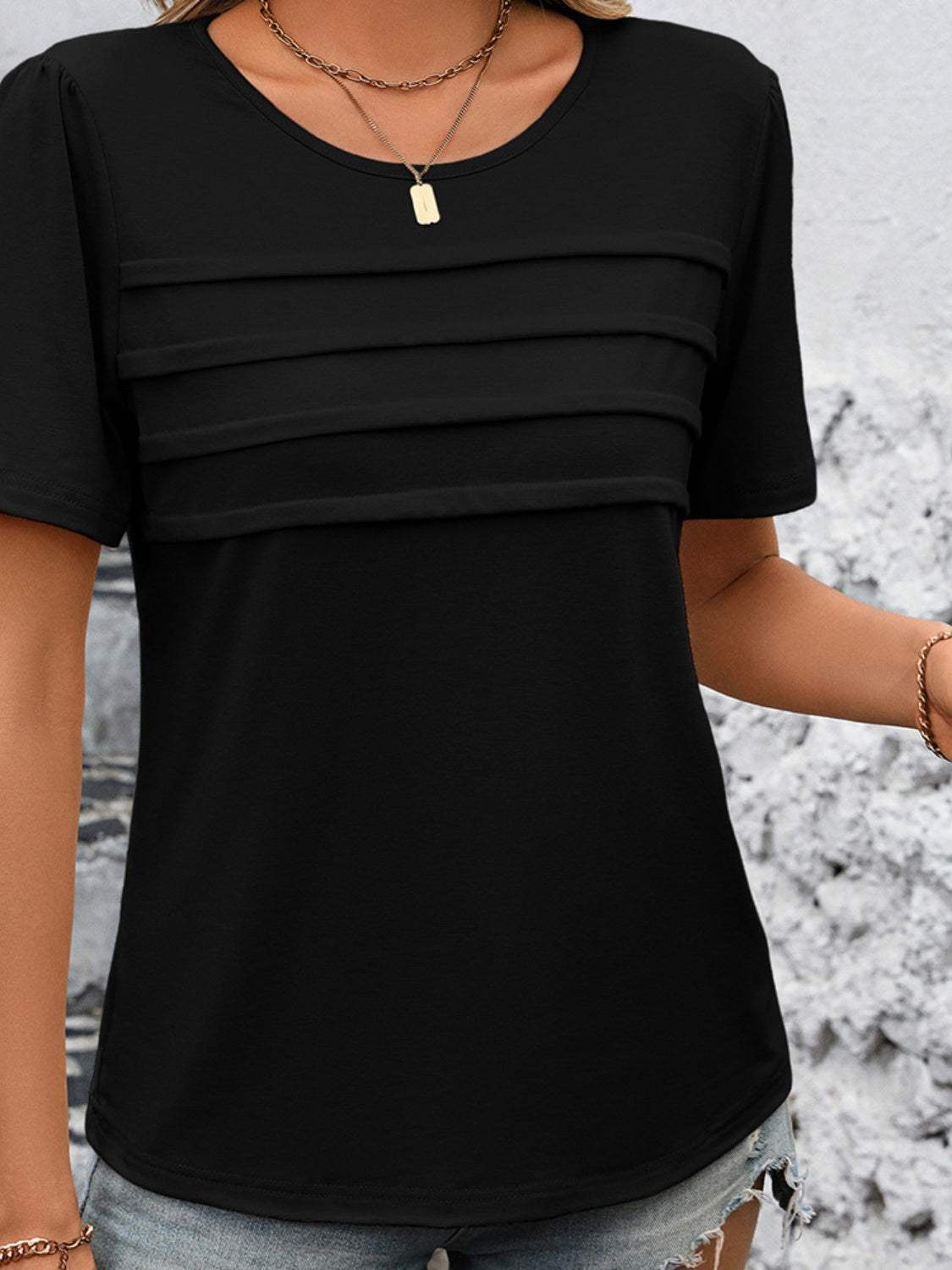 Round Neck Short Sleeve Top - Trendsi - Flyclothing LLC