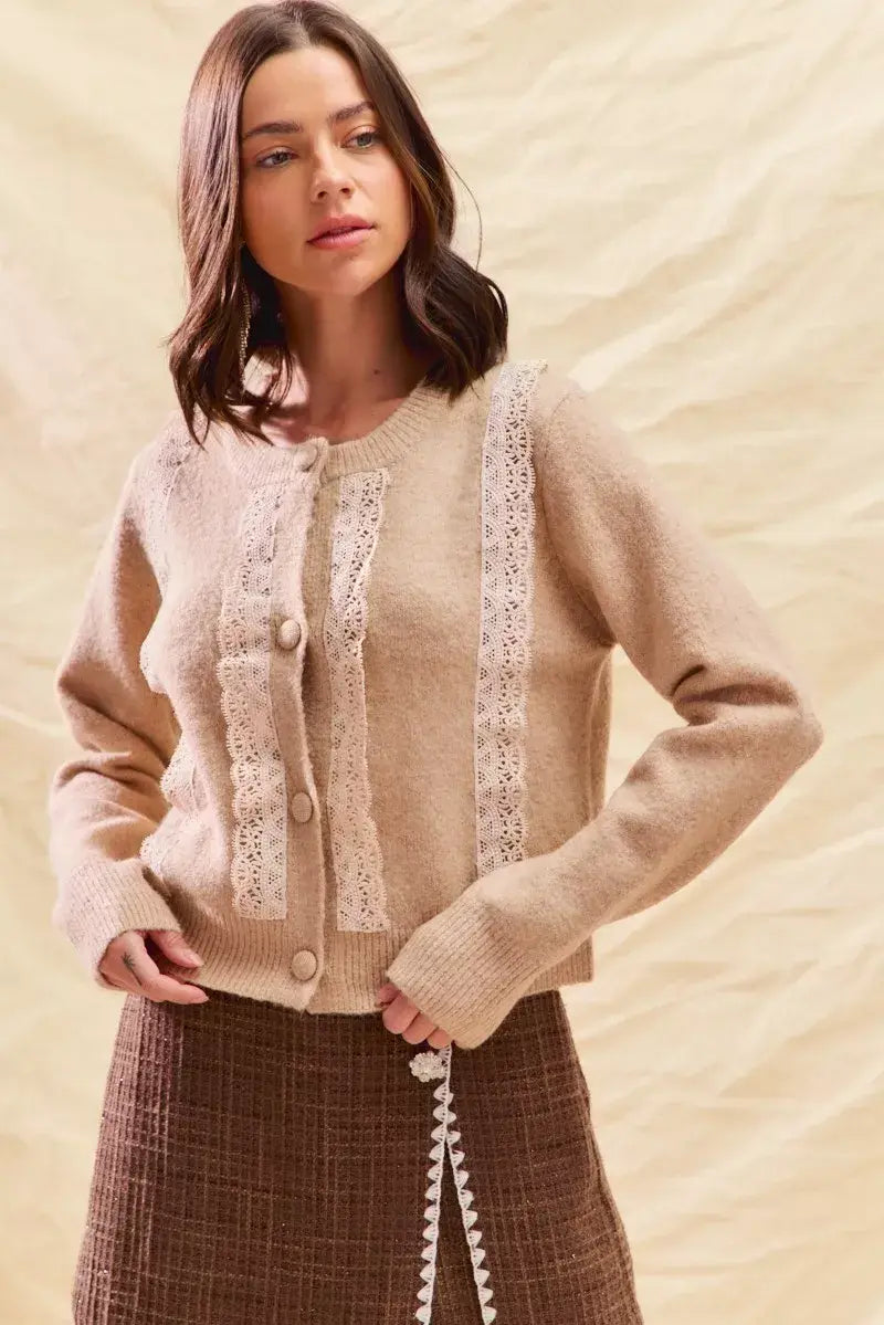SO ME Front Lace Trim Button Cardigan Sweater - Trendsi - Flyclothing LLC