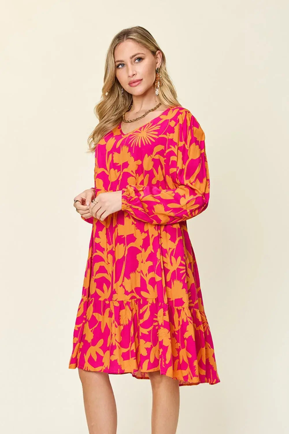 Double Take Full Size Printed Ruffle Hem Dress with Pocket - Trendsi - Flyclothing LLC