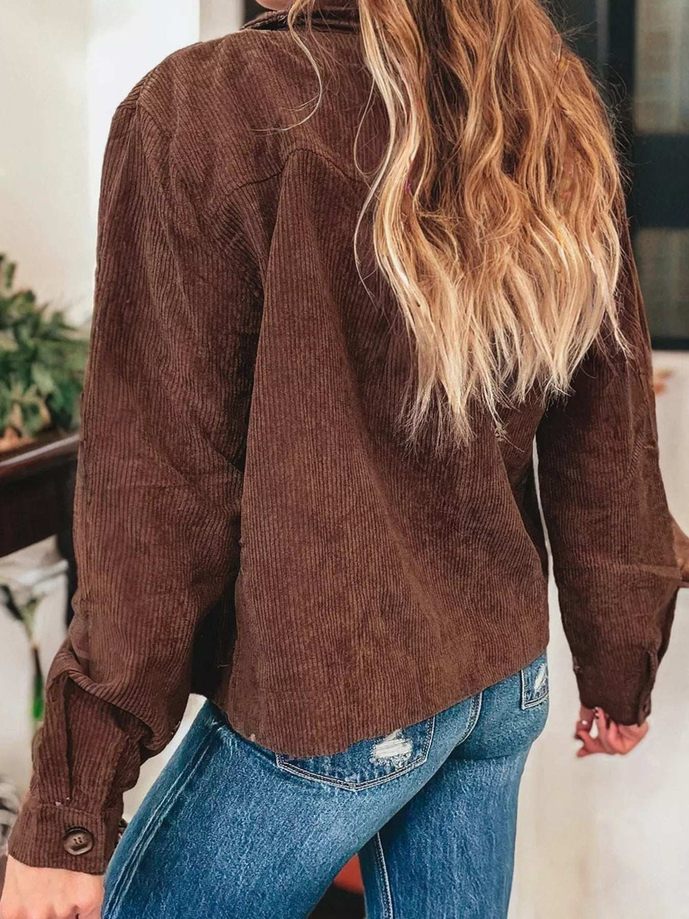 Floral Embroidered Collar Button Front Corduroy Jacket - Trendsi - Flyclothing LLC