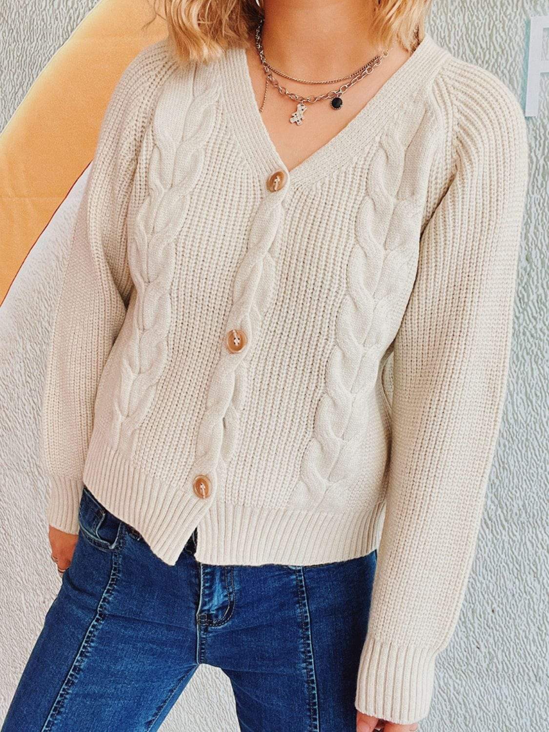 Cable-Knit V-Neck Button Down Long Sleeve Cardigan - Trendsi - Flyclothing LLC
