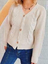 Cable-Knit V-Neck Button Down Long Sleeve Cardigan - Trendsi - Flyclothing LLC