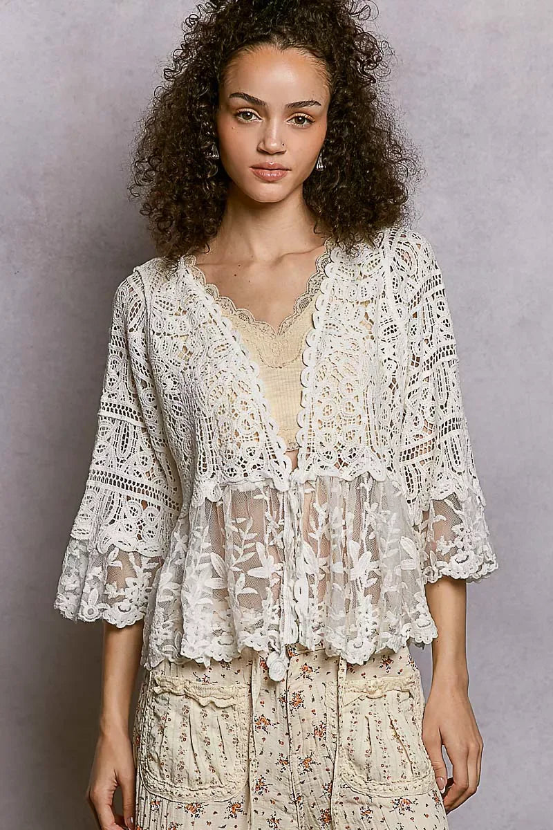 POL Floral Lace Short Sleeve Crochet Cardigan with Tassel Tie - Trendsi - Flyclothing LLC