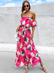 Pleated Floral Off-Shoulder Short Sleeve Midi Dress - Trendsi