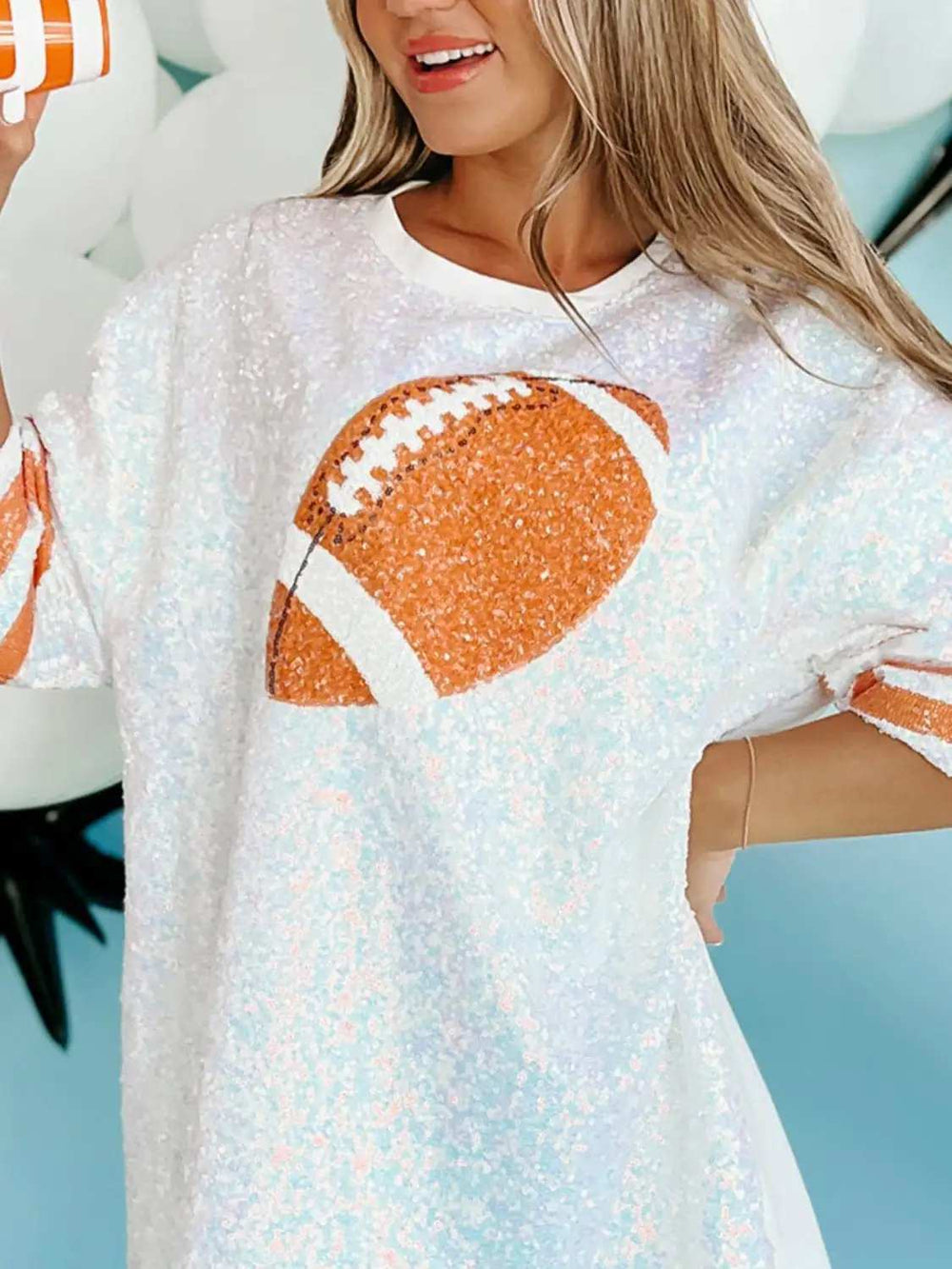 Sequin Football Round Neck Half Sleeve Oversize Top - Trendsi - Flyclothing LLC