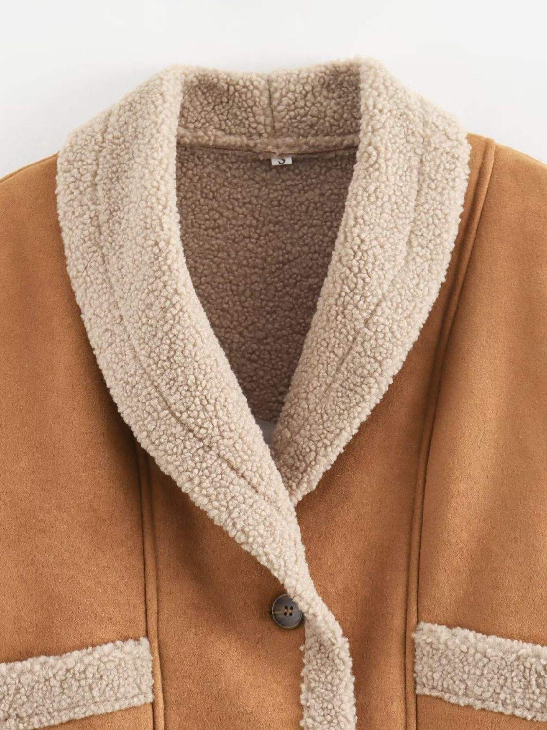 Fuzzy Collared Neck Long Sleeve Jacket - Trendsi - Flyclothing LLC