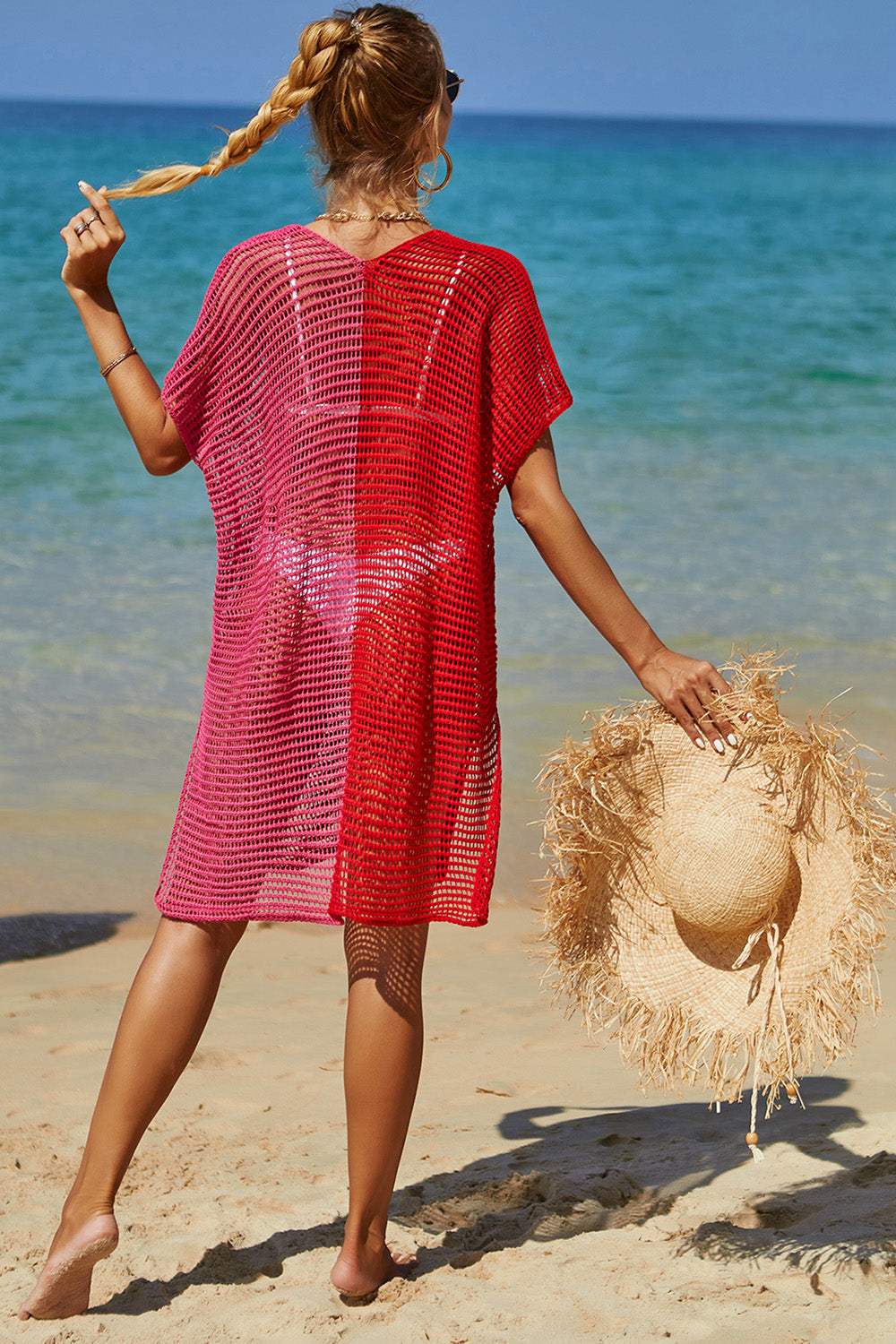 Double Take Openwork Contrast Slit Knit Cover Up - Trendsi - Flyclothing LLC