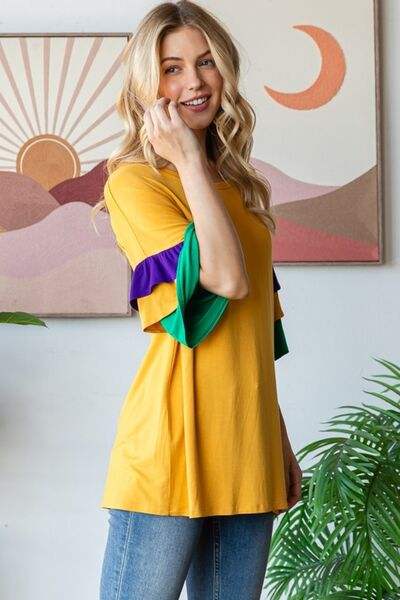 Heimish Full Size Round Neck Color Block Ruffled Half Sleeve Top Plus Size - Trendsi - Flyclothing LLC