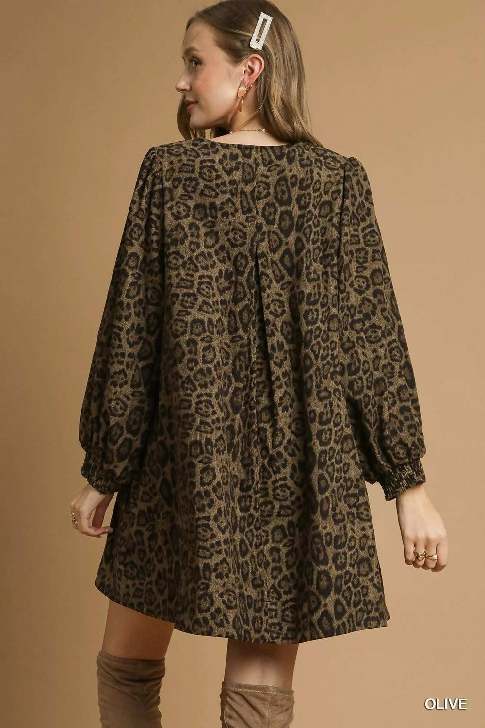 Umgee Leopard Print Long Sleeve Swing Dress - Trendsi - Flyclothing LLC