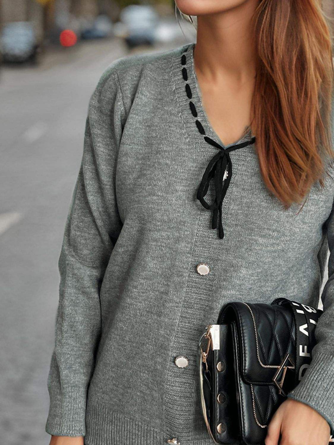 Tied V-Neck Long Sleeve Sweater - Trendsi - Flyclothing LLC
