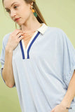 Contrast Collar V-Neck Top - Trendsi - Flyclothing LLC