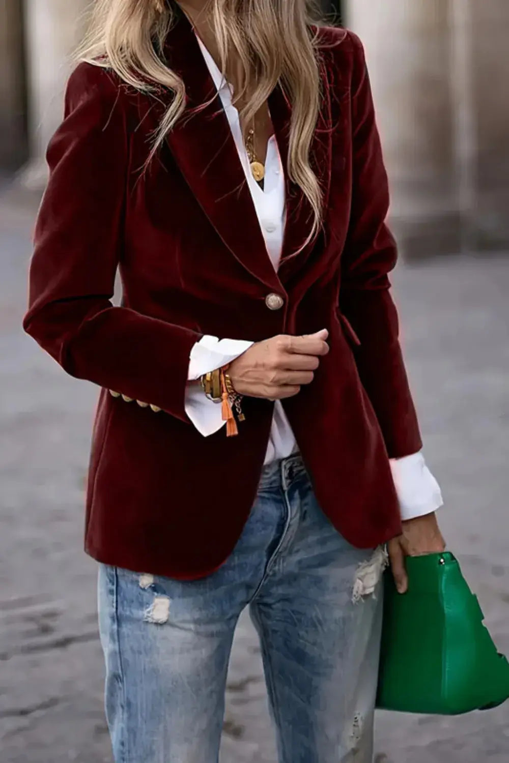 One Button Lapel Collar Long Sleeve Blazer - Trendsi - Flyclothing LLC