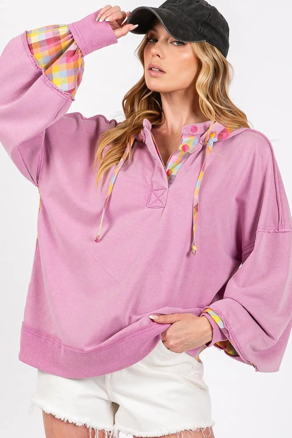 SAGE + FIG Full Size Plaid Print Washed Hoodie - Trendsi