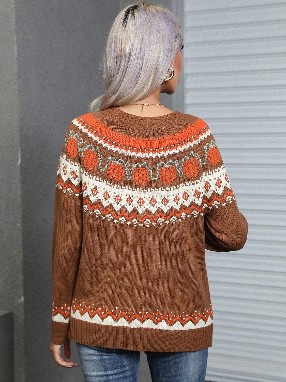 Angel Wings Geometric Round Neck Long Sleeve Sweater - Trendsi - Flyclothing LLC