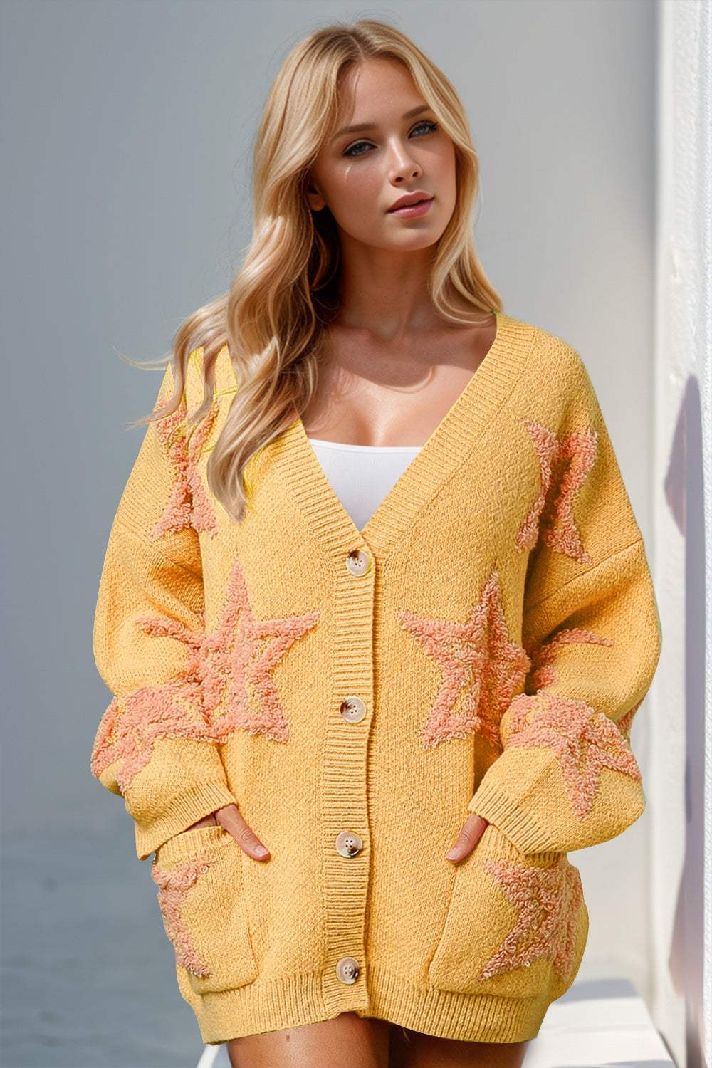 Double Take Full Size Button Up Star Pattern Cardigan - Trendsi - Flyclothing LLC