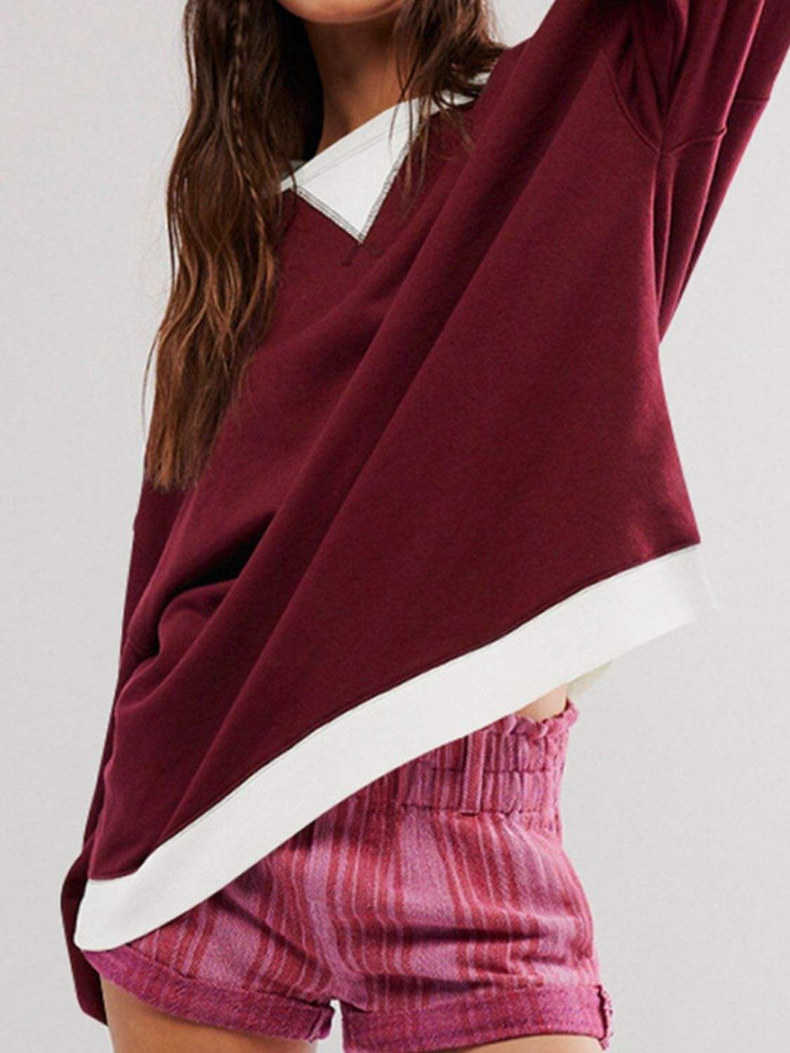 Contrast Dropped Shoulder Long Sleeve Sweatshirt - Trendsi - Flyclothing LLC