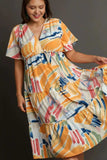Umgee Full Size Abstract Print Flutter Sleeve Frill Tiered Midi Dress Plus Size - Trendsi - Flyclothing LLC