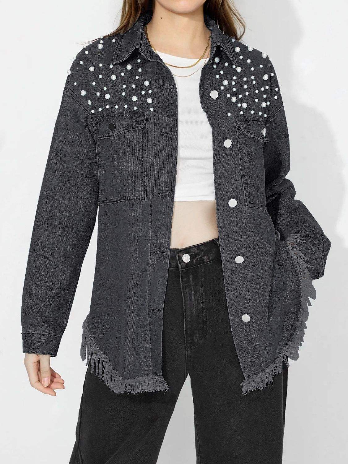 Raw Hem Pearl Trim Collared Neck Denim Top - Trendsi - Flyclothing LLC