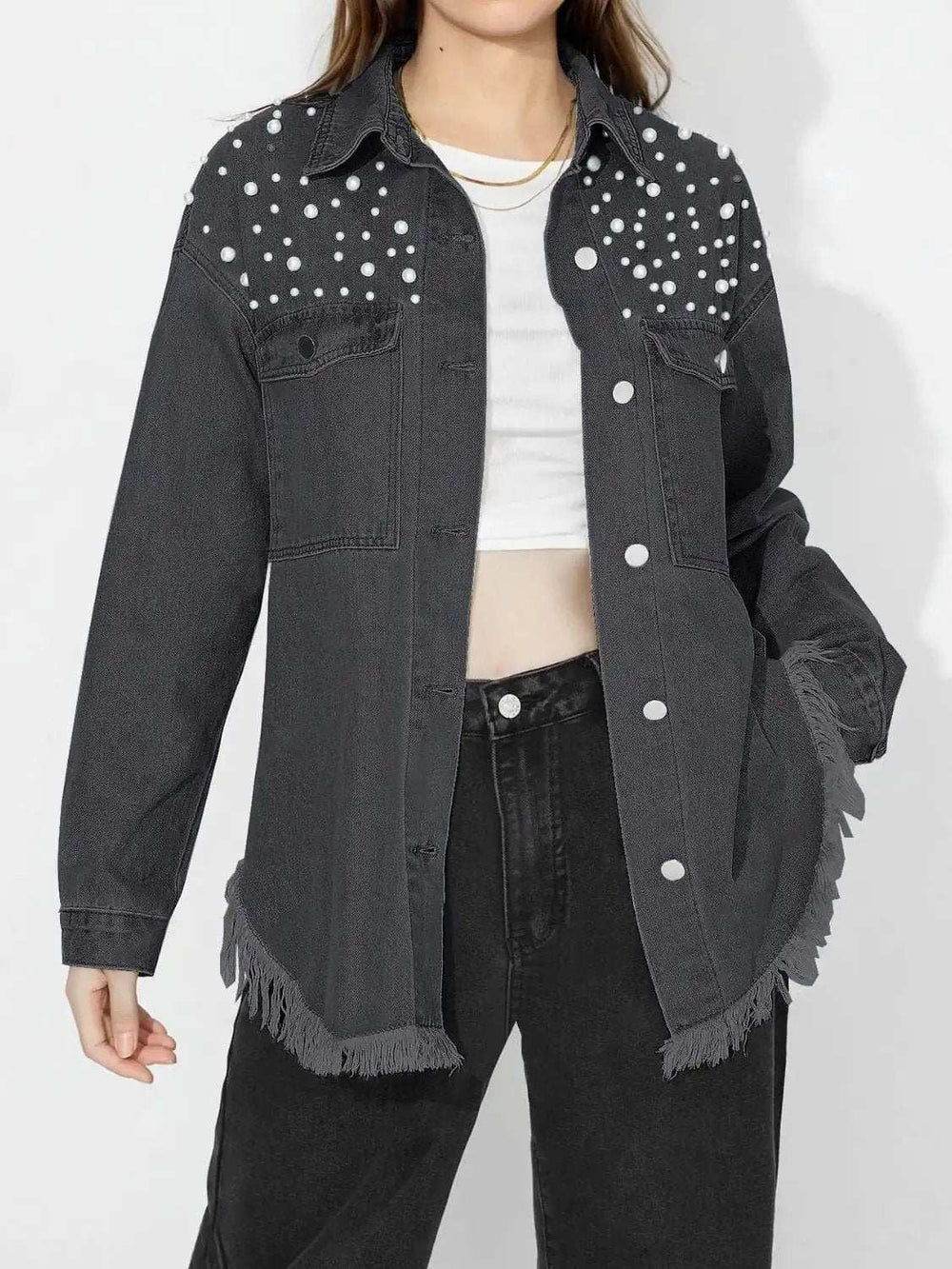 Raw Hem Pearl Trim Collared Neck Denim Top - Trendsi - Flyclothing LLC