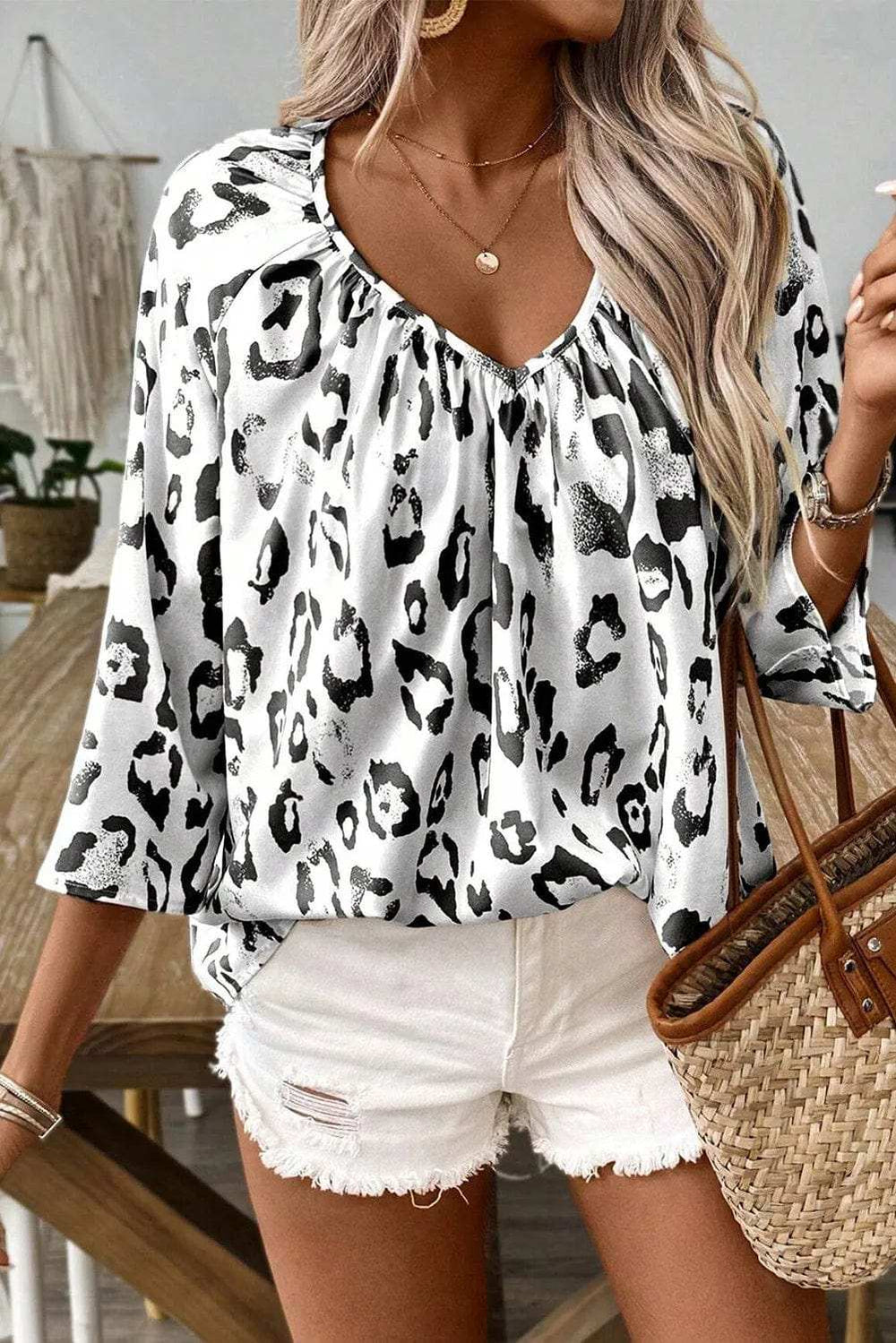 Leopard V-Neck Three-Quarter Sleeve Blouse - Trendsi - Flyclothing LLC