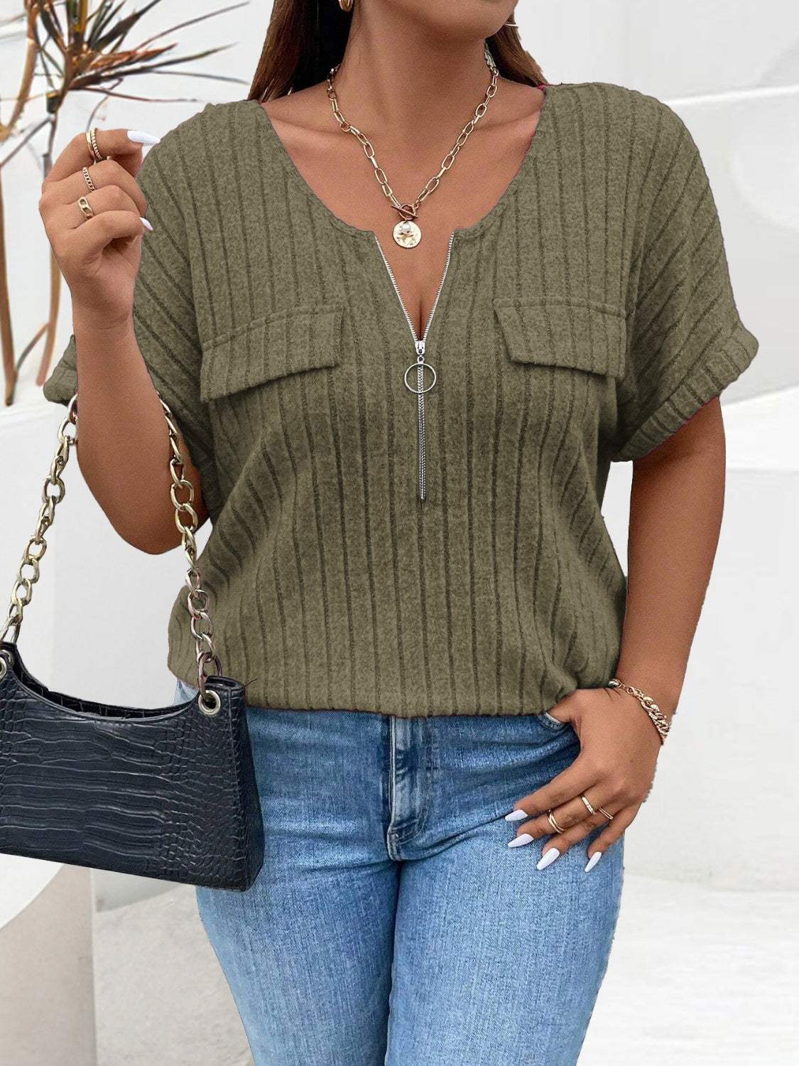 Plus Size Half Zip Short Sleeve T-Shirt - Trendsi - Flyclothing LLC