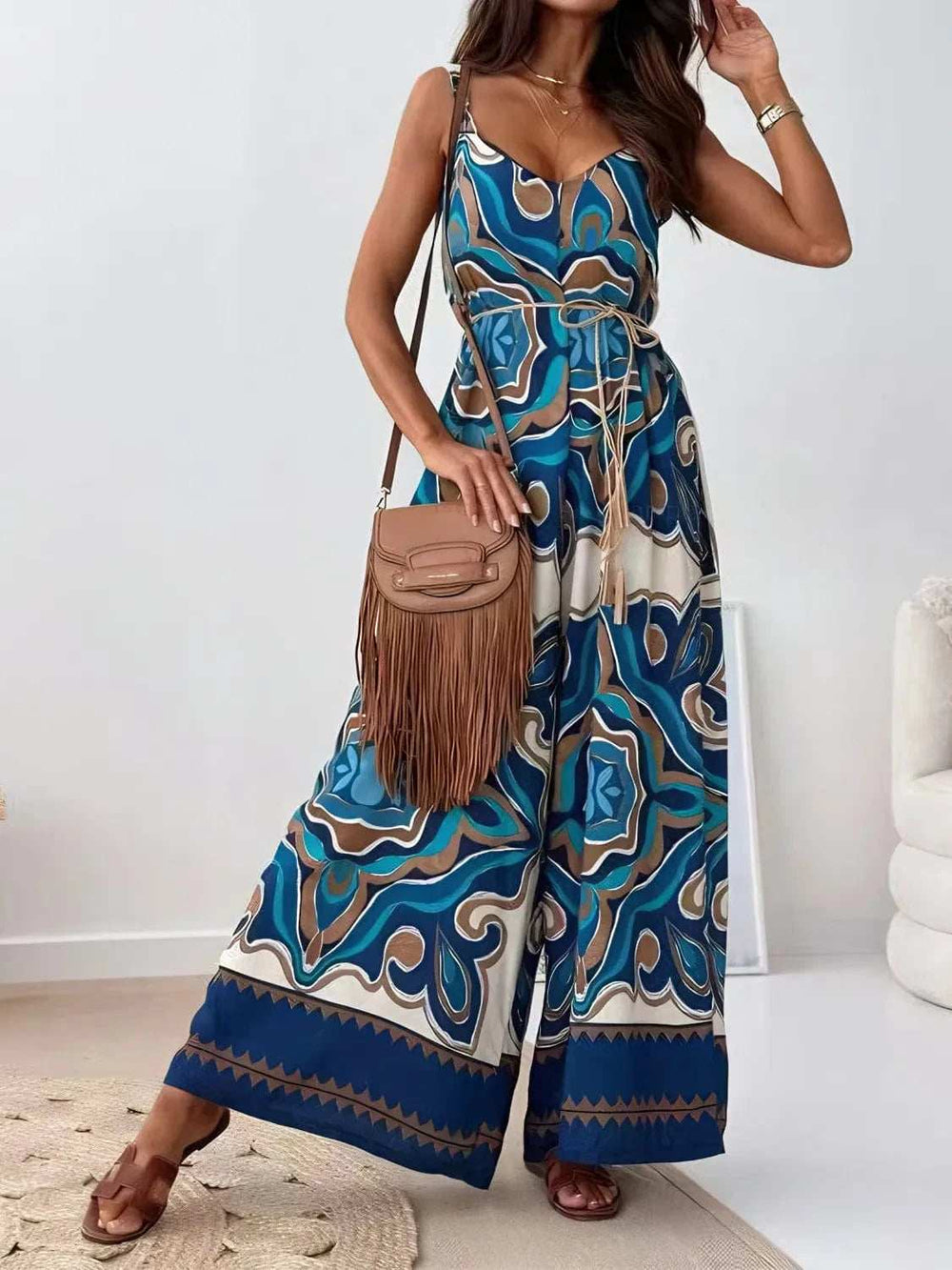 Printed V-Neck Wide Leg Jumpsuit - Trendsi - Flyclothing LLC