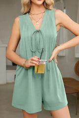 Tie V Neck Pintuck Sleeveless Loose Romper - Trendsi - Flyclothing LLC