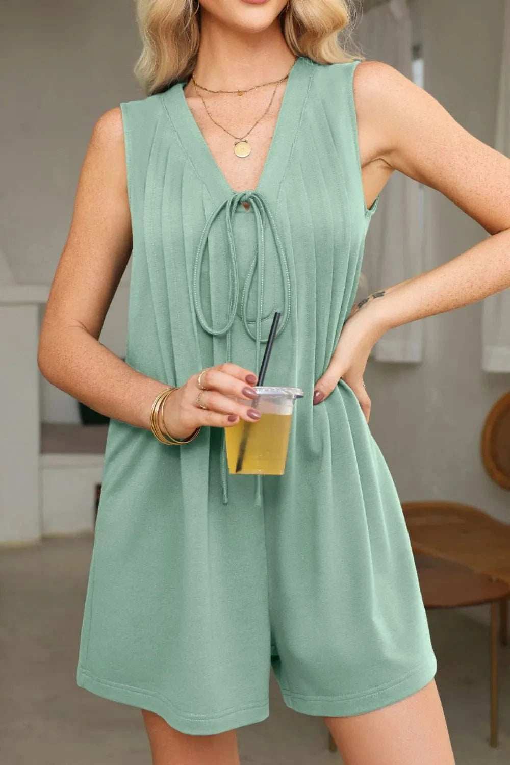Tie V Neck Pintuck Sleeveless Loose Romper - Trendsi - Flyclothing LLC
