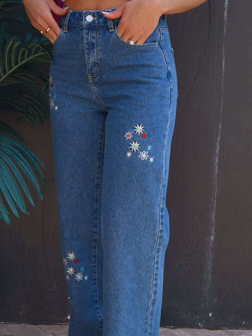 Embroidered Straight Jeans with Pockets - Trendsi - Flyclothing LLC