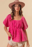 BiBi Pleated Puff Sleeve Washed Blouse - Trendsi - Flyclothing LLC