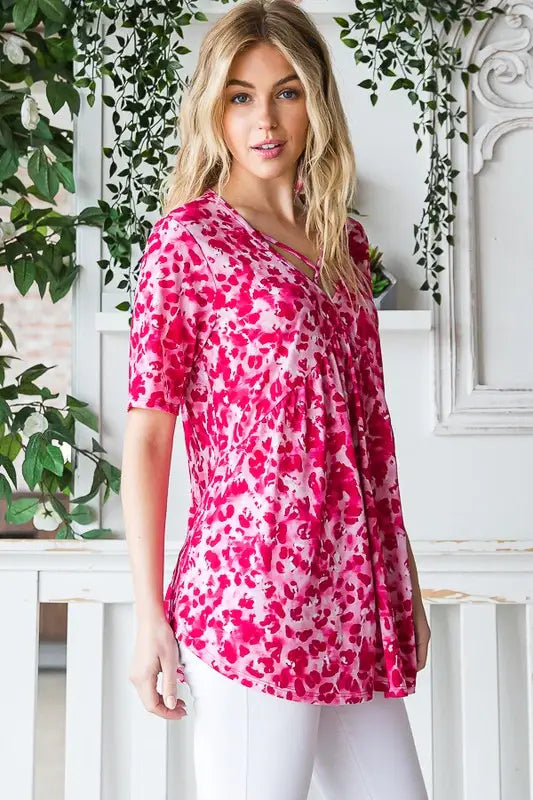 Heimish Full Size Short Sleeve Crisscross Animal Babydoll Top Plus Size - Trendsi - Flyclothing LLC