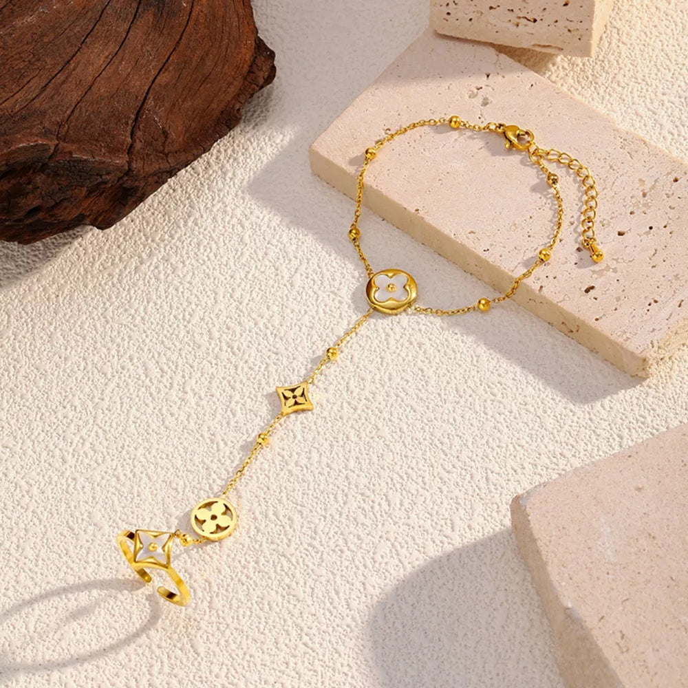 18K Gold-Plated Clover Charm Hand Chain Bracelet - Trendsi - Flyclothing LLC