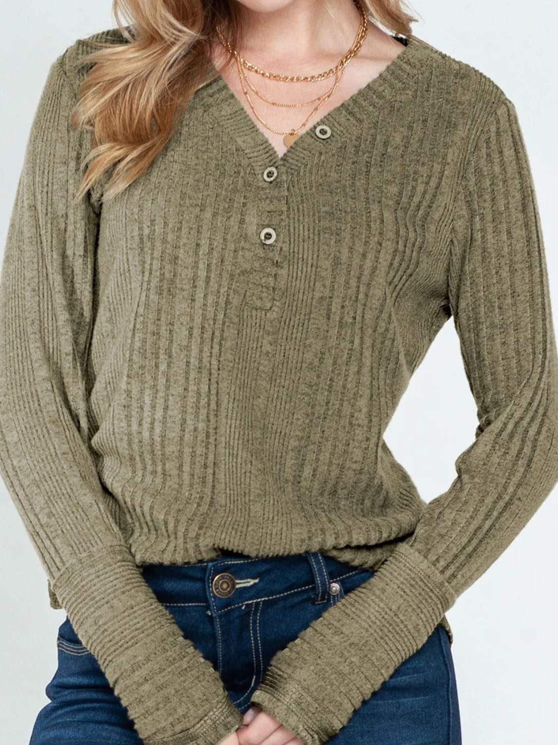 Textured V-Neck Long Sleeve T-Shirt - Trendsi - Flyclothing LLC