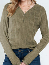 Textured V-Neck Long Sleeve T-Shirt - Trendsi - Flyclothing LLC
