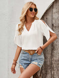 Notched Slit Half Sleeve Blouse - Trendsi - Flyclothing LLC