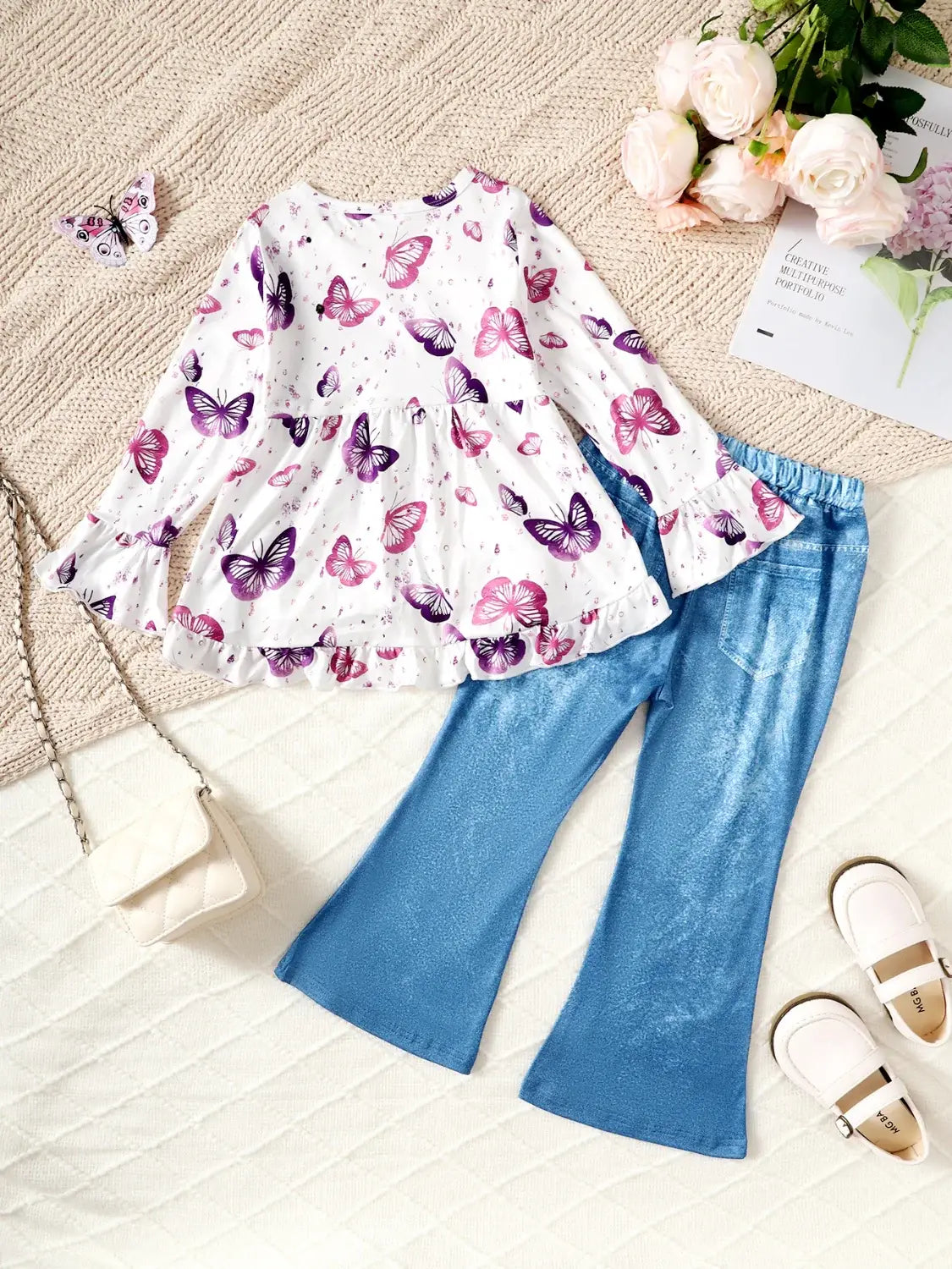 Children's Butterfly Print Top and Flare Pants Set - Trendsi - Flyclothing LLC