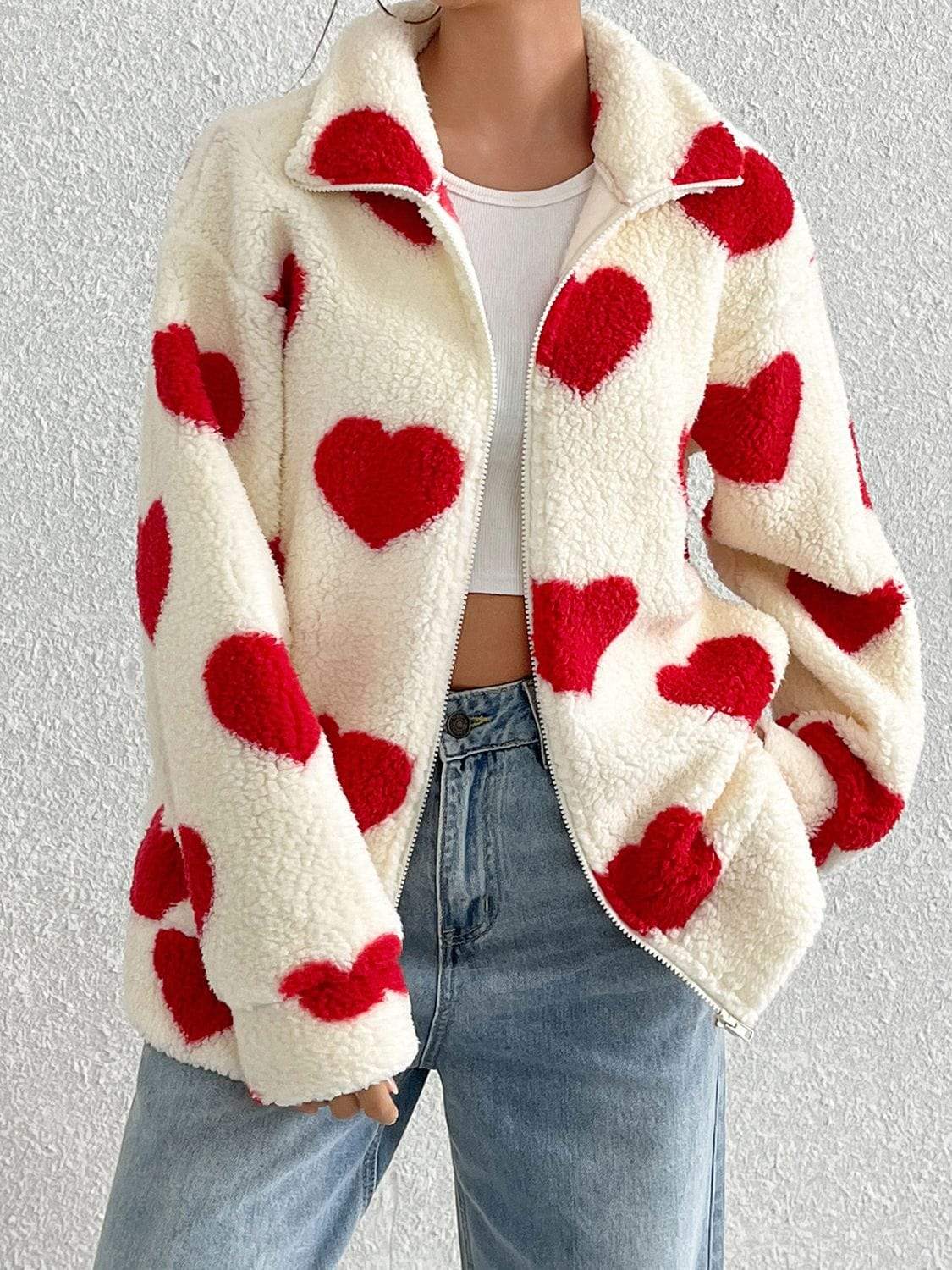 Heart Zip Up Drop Shoulder Furry Jacket - Trendsi - Flyclothing LLC