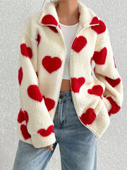 Heart Zip Up Drop Shoulder Furry Jacket - Trendsi