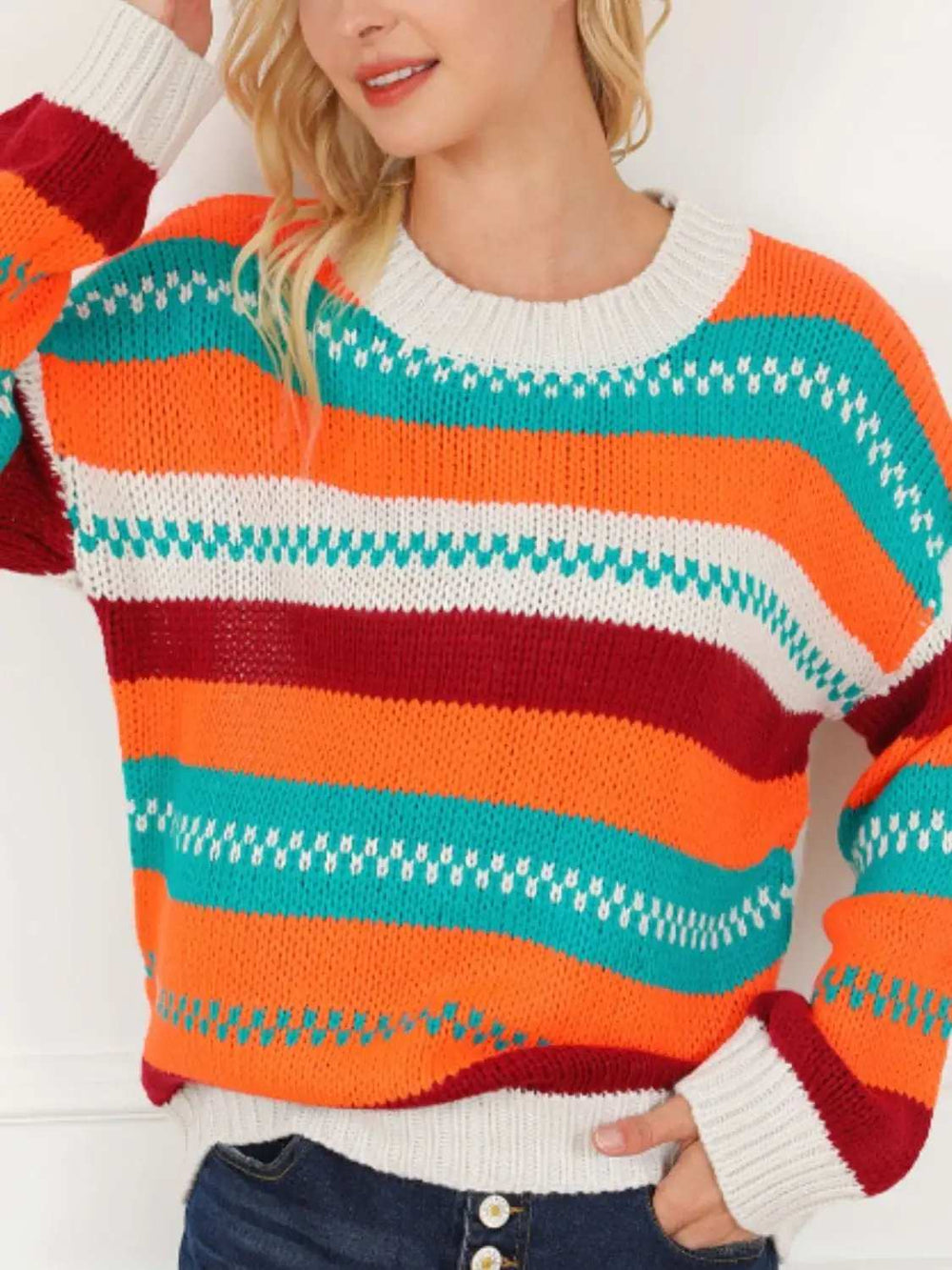 Contrast Striped Round Neck Long Sleeve Sweater - Trendsi - Flyclothing LLC