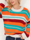 Contrast Striped Round Neck Long Sleeve Sweater - Trendsi - Flyclothing LLC