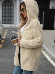 Fuzzy Zip Up Long Sleeve Hooded Jacket - Trendsi