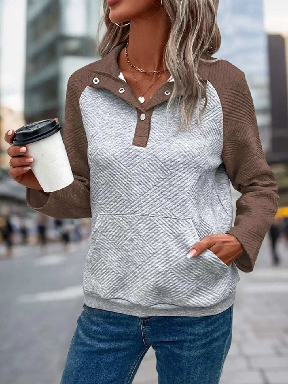 Contrast Textured Long Sleeve Sweatshirt - Trendsi - Flyclothing LLC