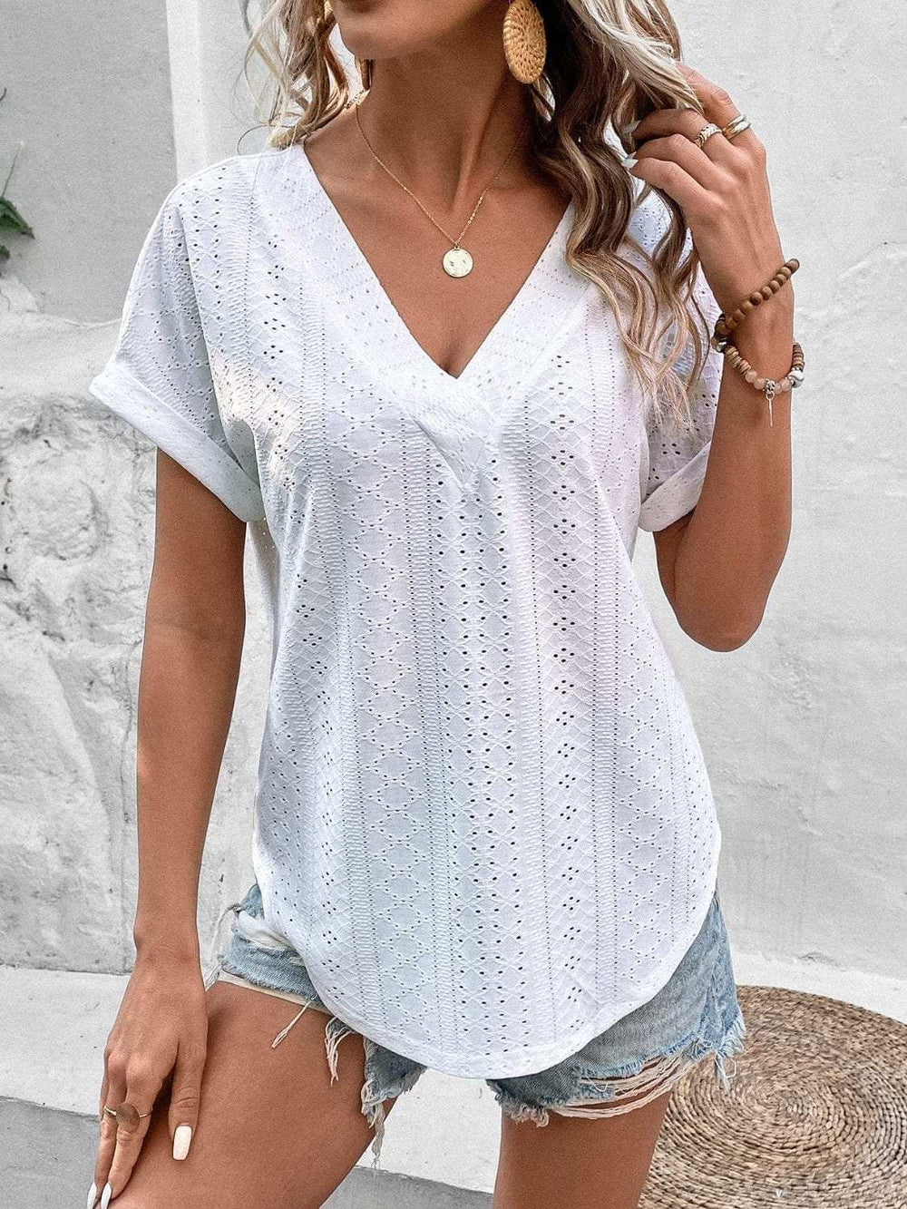 Eyelet V-Neck Short Sleeve Blouse - Trendsi - Flyclothing LLC