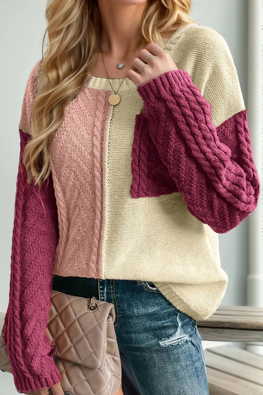Double Take Full Size Color Block Drop Shoulder Sweater - Trendsi - Flyclothing LLC