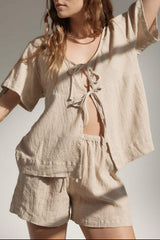 Plaid Tied Scoop Neck Short Sleeve Top and Drawstring Shorts Set - Trendsi - Flyclothing LLC