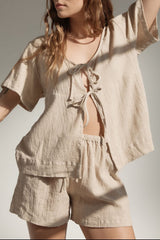 Plaid Tied Scoop Neck Short Sleeve Top and Drawstring Shorts Set - Trendsi