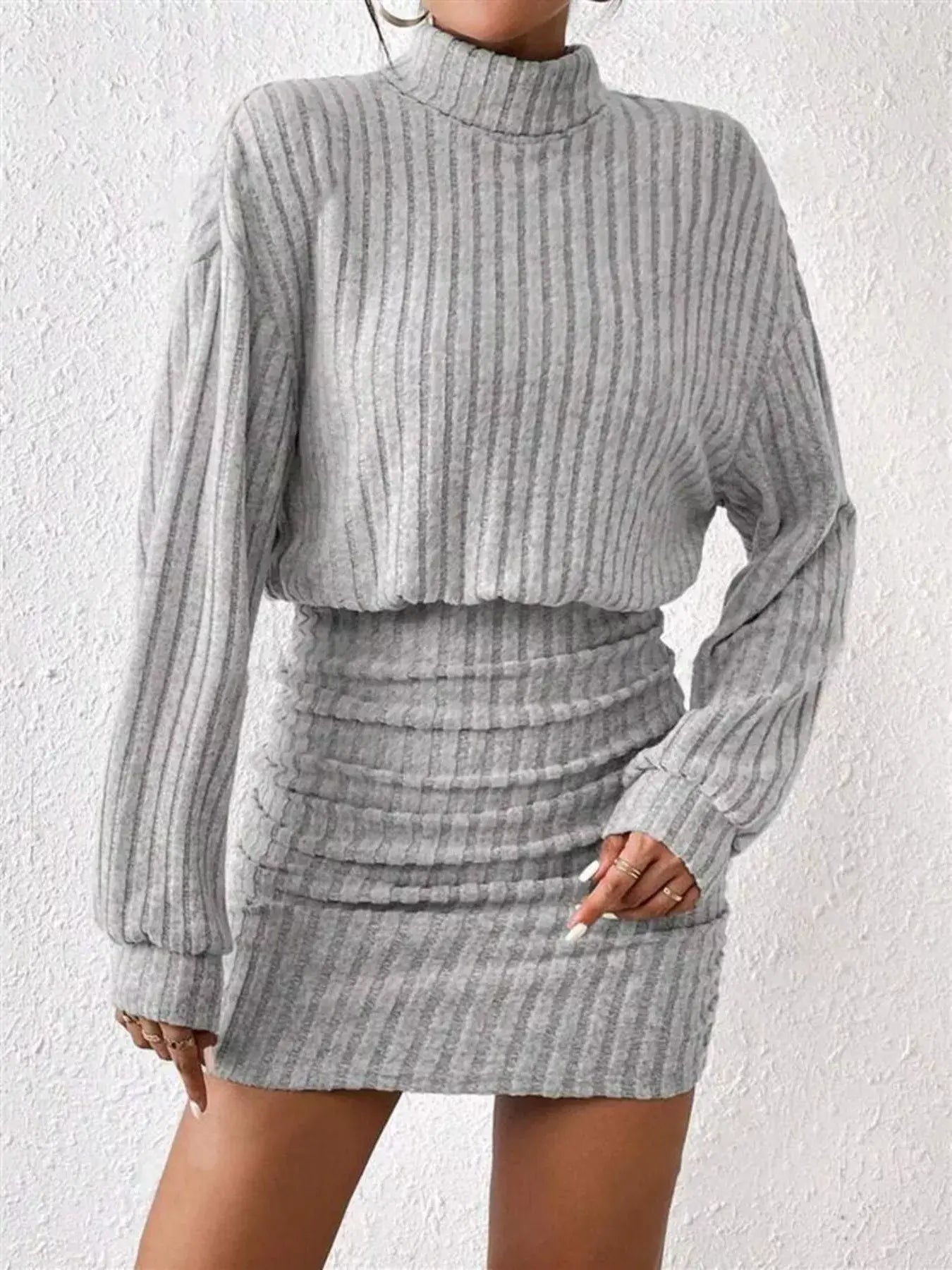 Ribbed Knit Turtleneck Bodycon Mini Dress - Trendsi - Flyclothing LLC