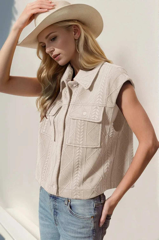 Double Take Snap Down Texture Crop Vest - Trendsi - Flyclothing LLC